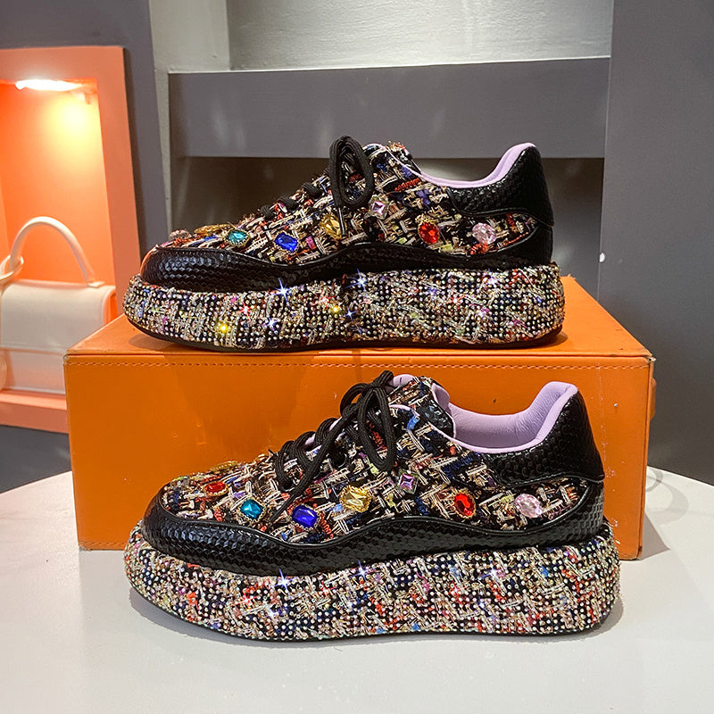 Fashion Platform Loafers, Colorful Tweed Slip-on Shoes With Gemstones, Casual And Comfortable Flat Shoes