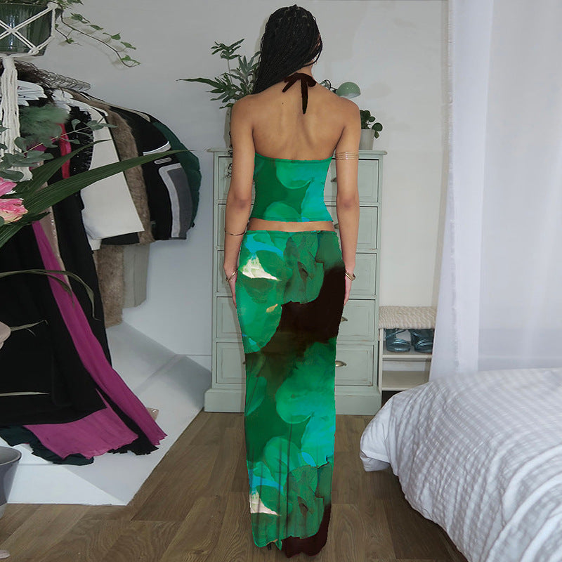 Fashionable Printed Sexy U-Neck Tank Top And Slim-Fit Skirt Set