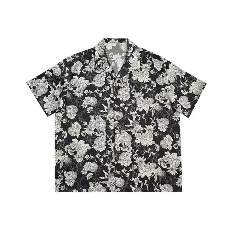 Chemise d'été hawaïenne à manches courtes, motif camélia noir et blanc, nouveau modèle.