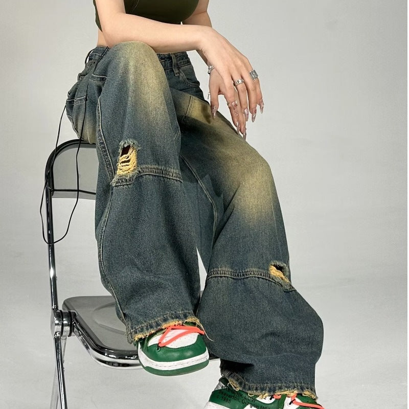 Jean de style américain High Street Hip Hop à larges trous, teint en jaune et couleur contrastée