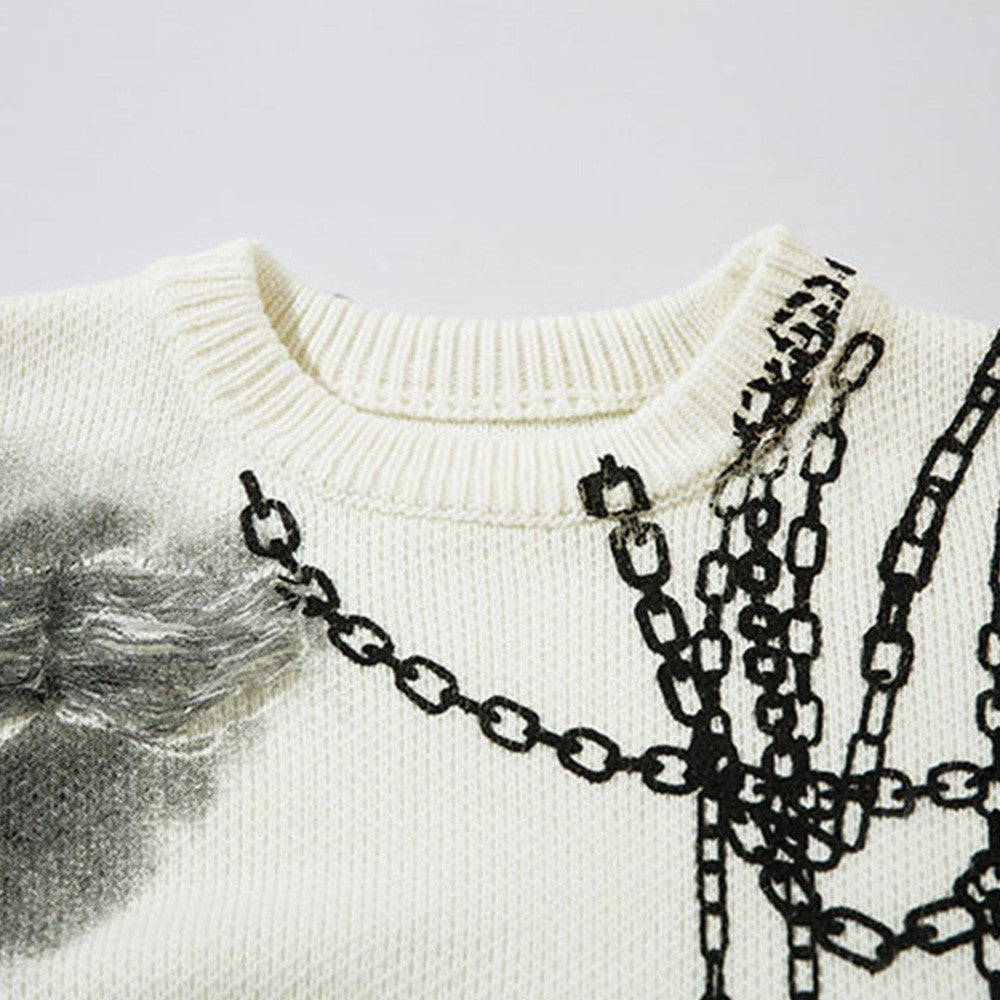 Inkjet Distressed Dirty Chain Round Neck Sweater