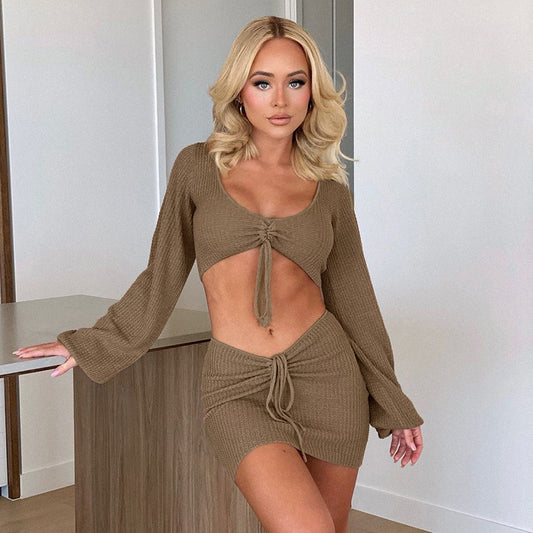 Ensemble jupe à manches longues et col en V avec cordon de serrage, coupe slim sexy