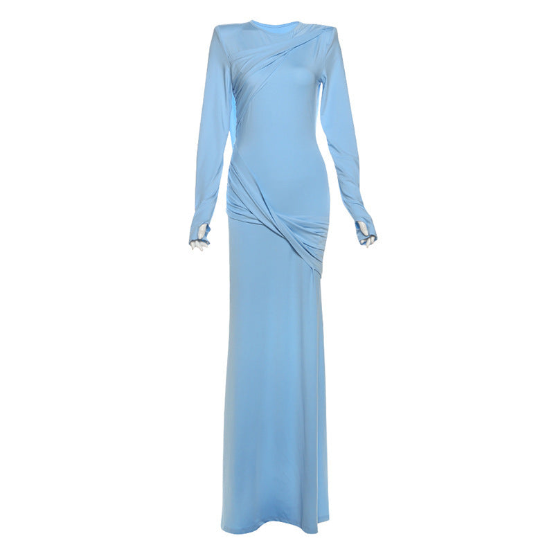 Polyester Slim Fit Backless Long Sleeve Solid Color Dress