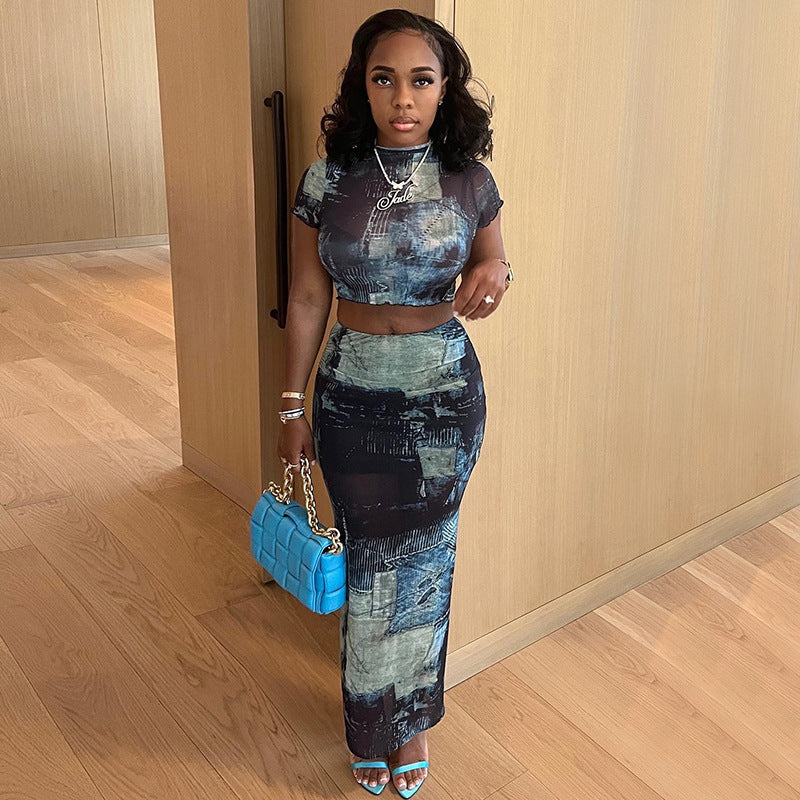 T-shirt tendance à col rond et taille haute, jupe à taille haute, ensemble décontracté