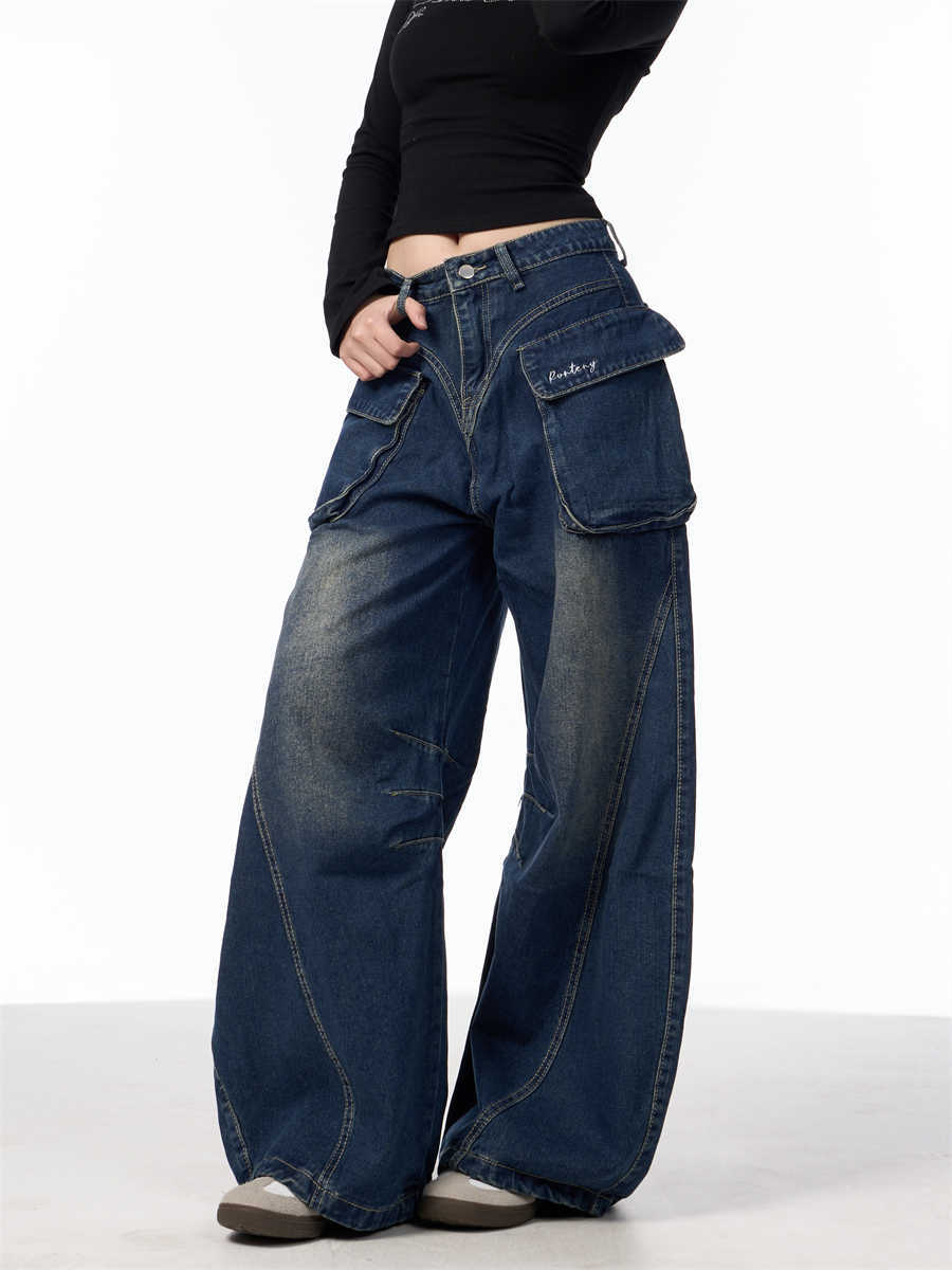 Wide-leg Jeans With Pockets High Waist Loose Trousers