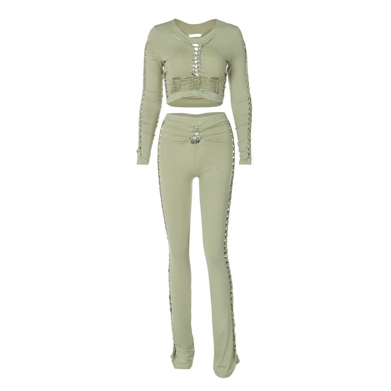 Fashion Round Neck Long Sleeve Top Hollow-out Slim Pants Suit