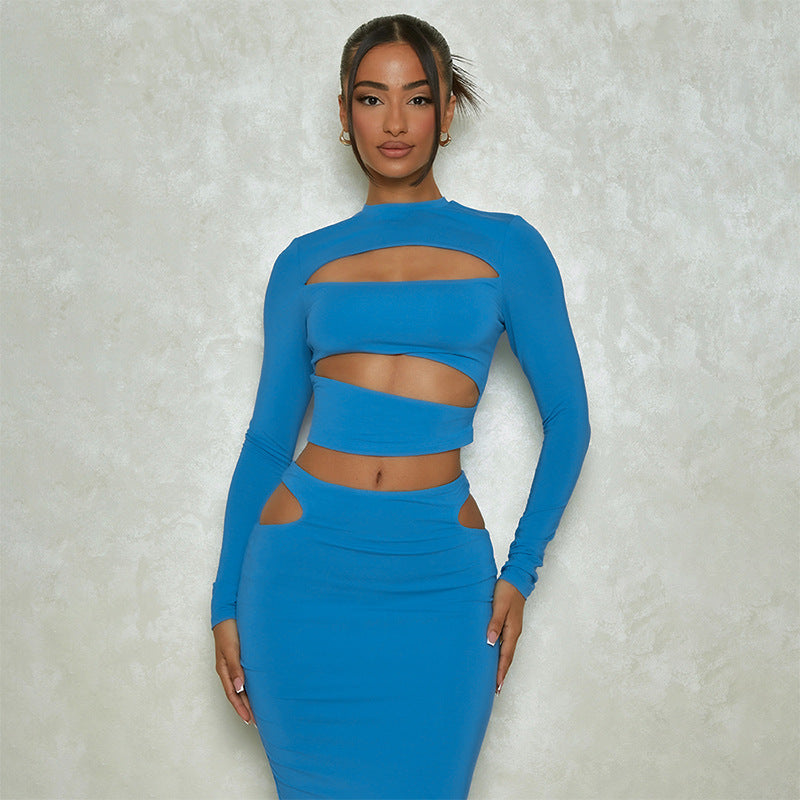 Gonna a maniche corte con foro di fiori in fiamme, nuova tinta unita, abito casual