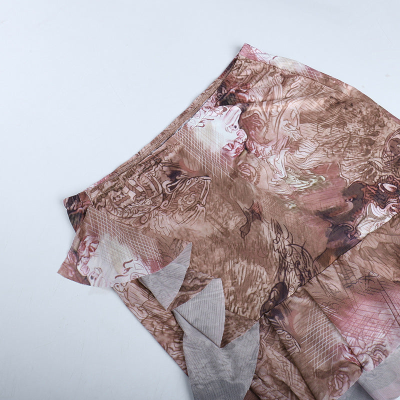 Ruffled Round Neck Printing Short Sleeve