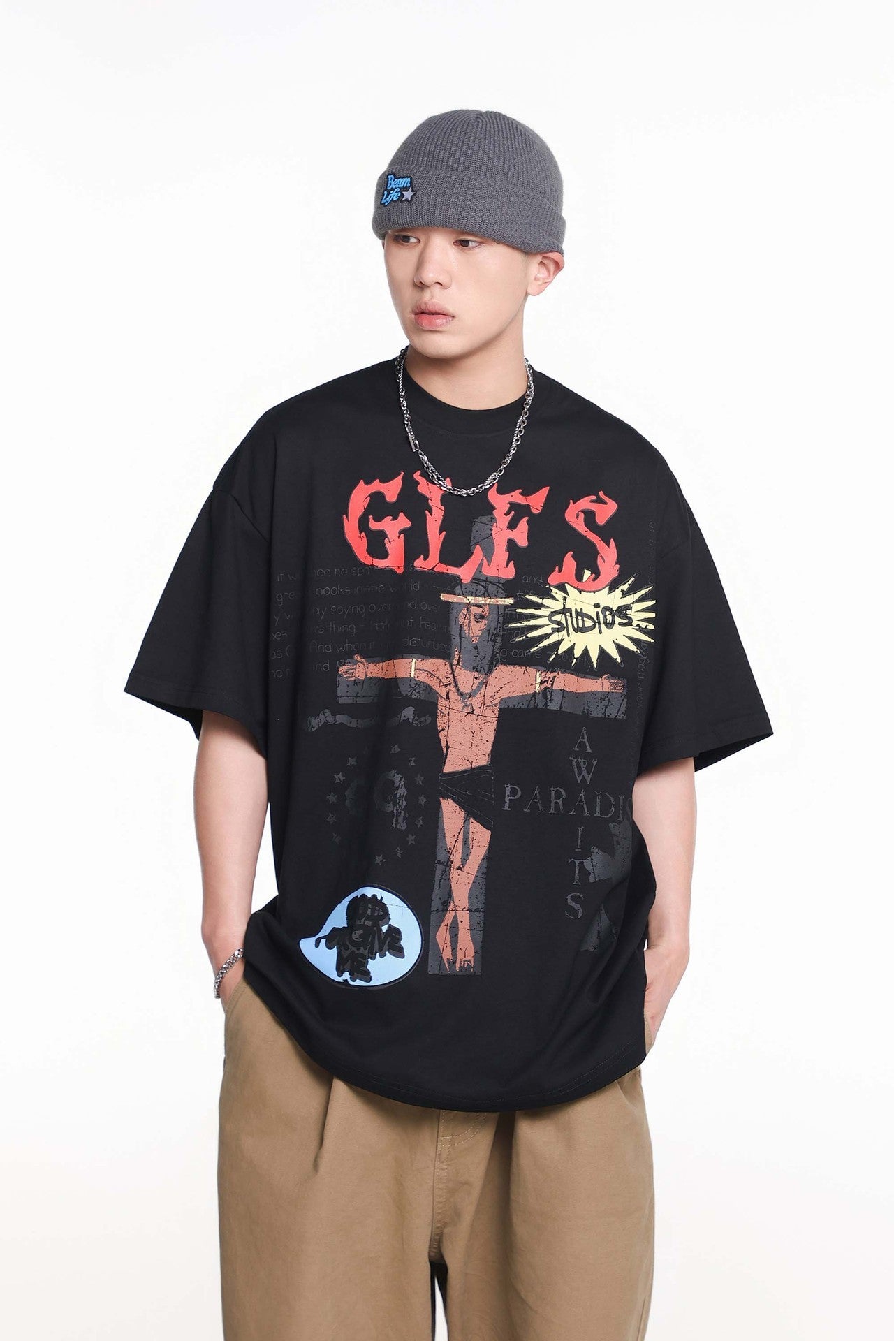 Cross Letter Print Loose Casual Short Sleeve T-shirt