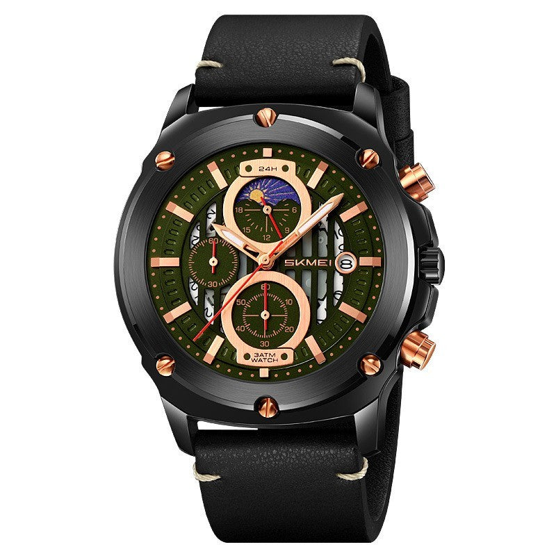 Watch Fashion Trend Men's Leather-belt Watch Three Eyes And Six Needles Quartz Watch