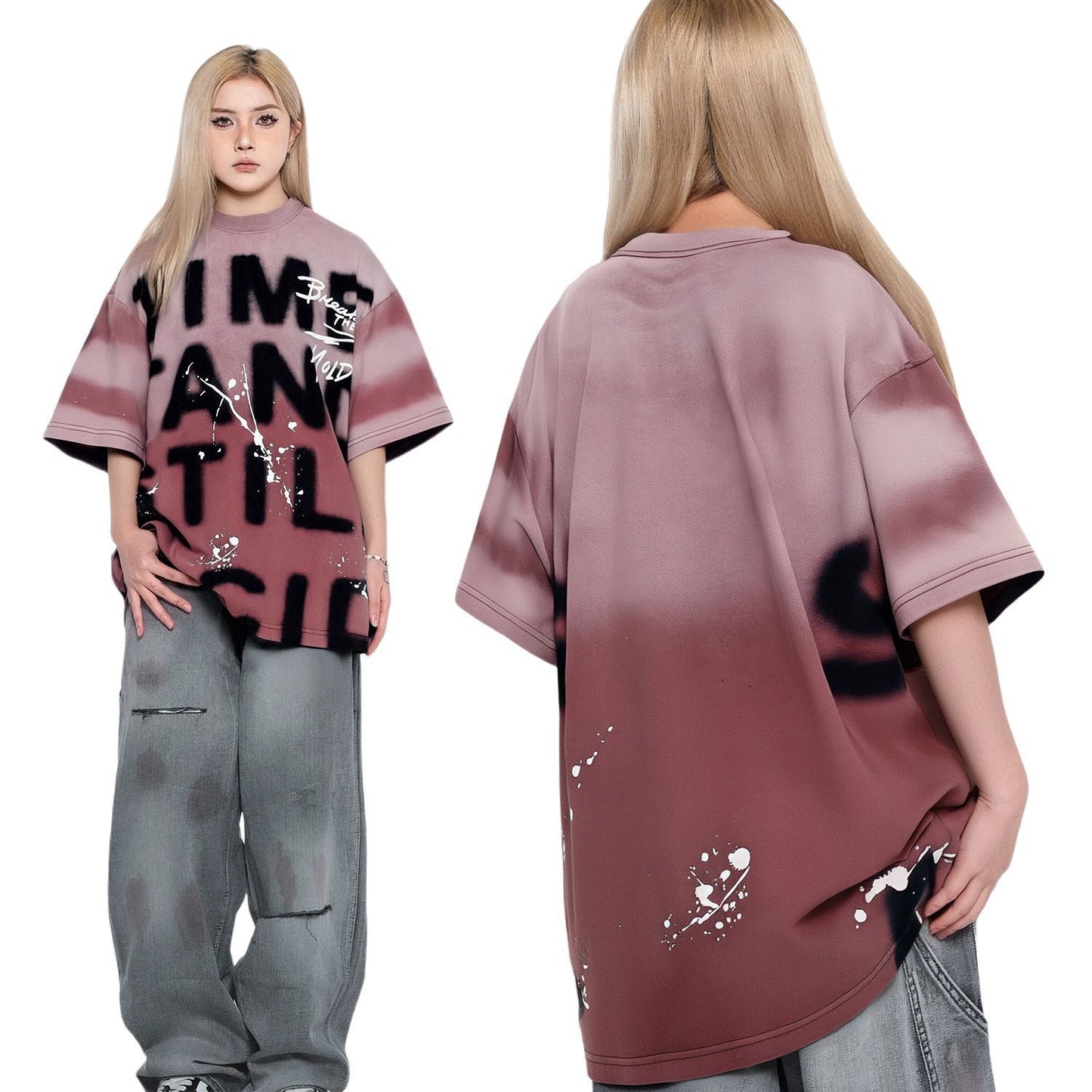 Retro Loose Casual Letter Printing Gradient Splash-ink Design Short-sleeved T-shirt Men