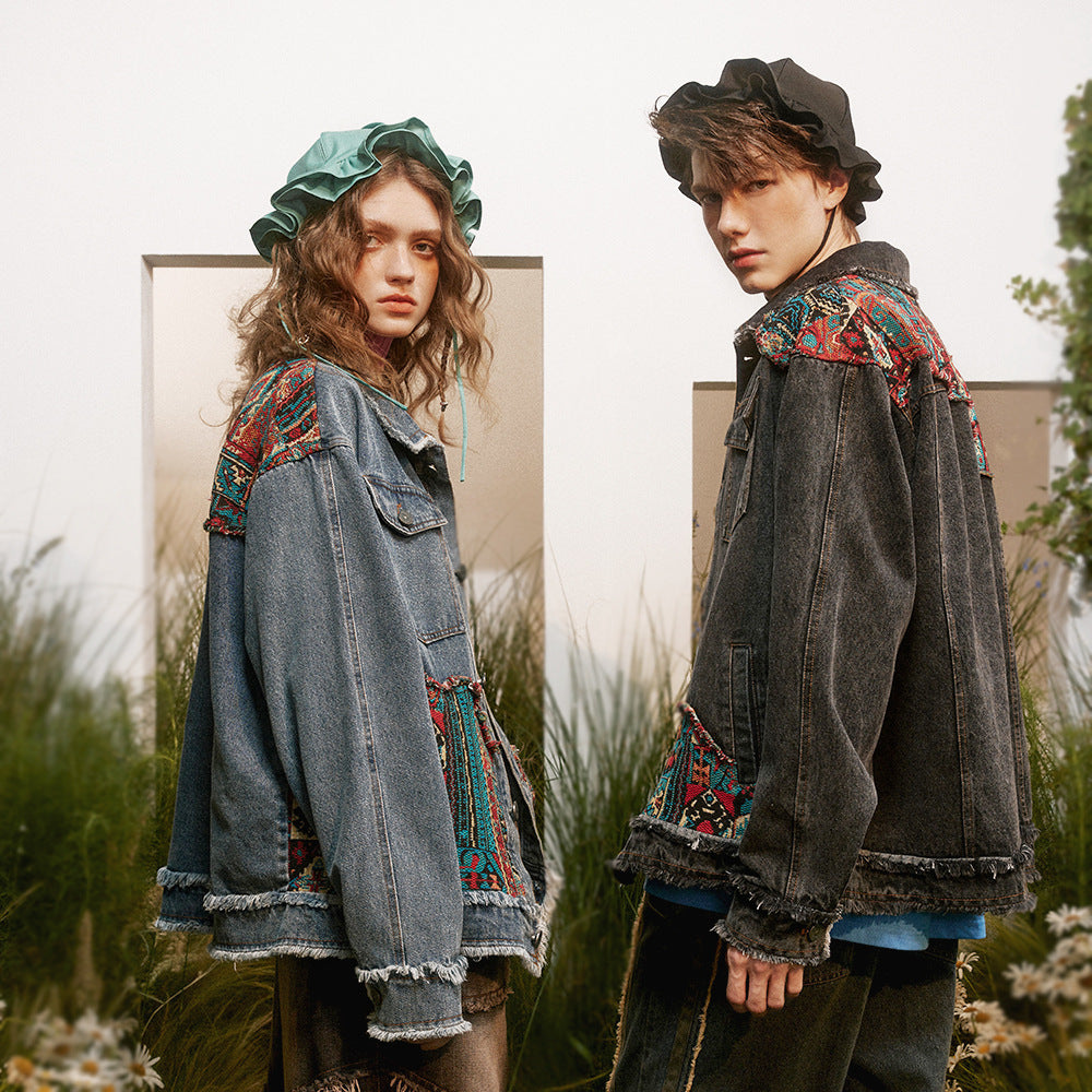 National Style Burrs Stitching Washed Denim Jacket