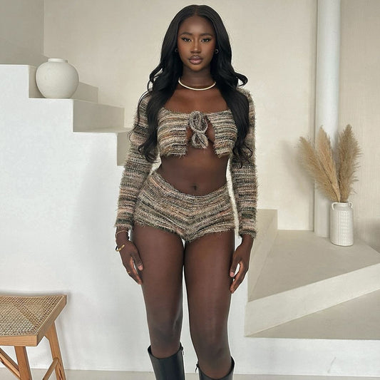 Completo due pezzi a maniche lunghe con cinturino traforato all'ombelico e alla moda, spedizione corta