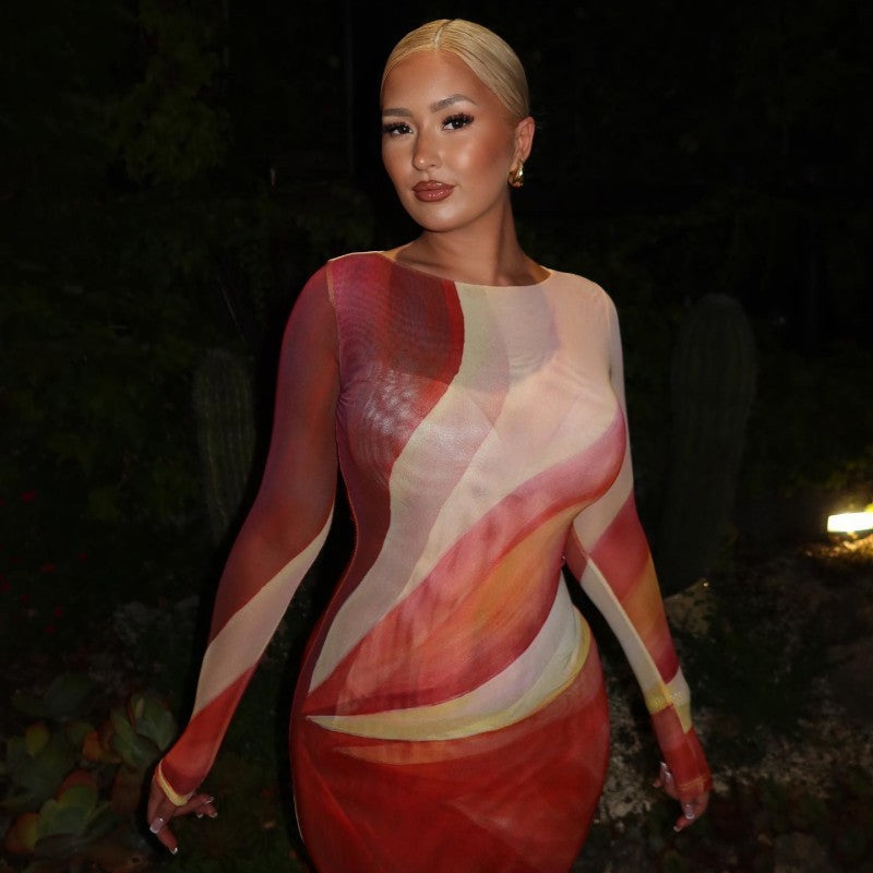 Robe longue ajustée à col rond et manches longues en maille à imprimé floral