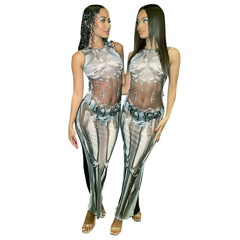 Robe gilet sans manches en maille imprimée transparente