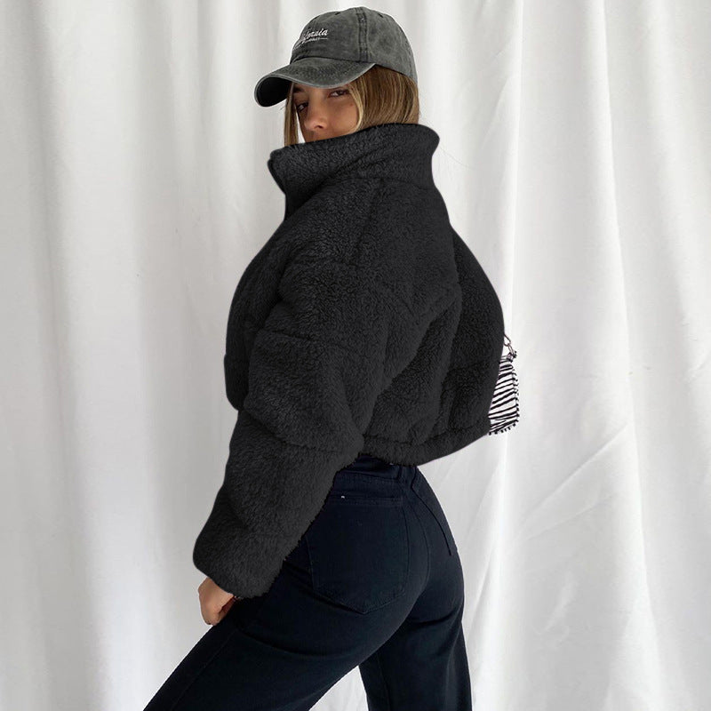 Solid Color Plush Padded Zipper Short Coat
