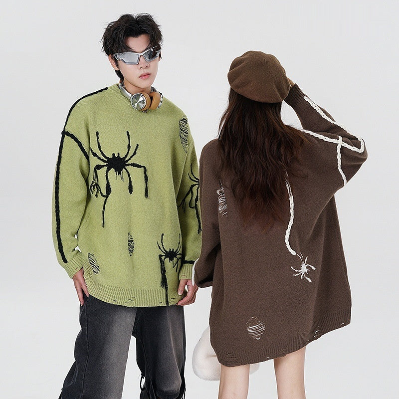 High Street Spider Jacquard Burr Contrast Color Rope Knitted Sweater