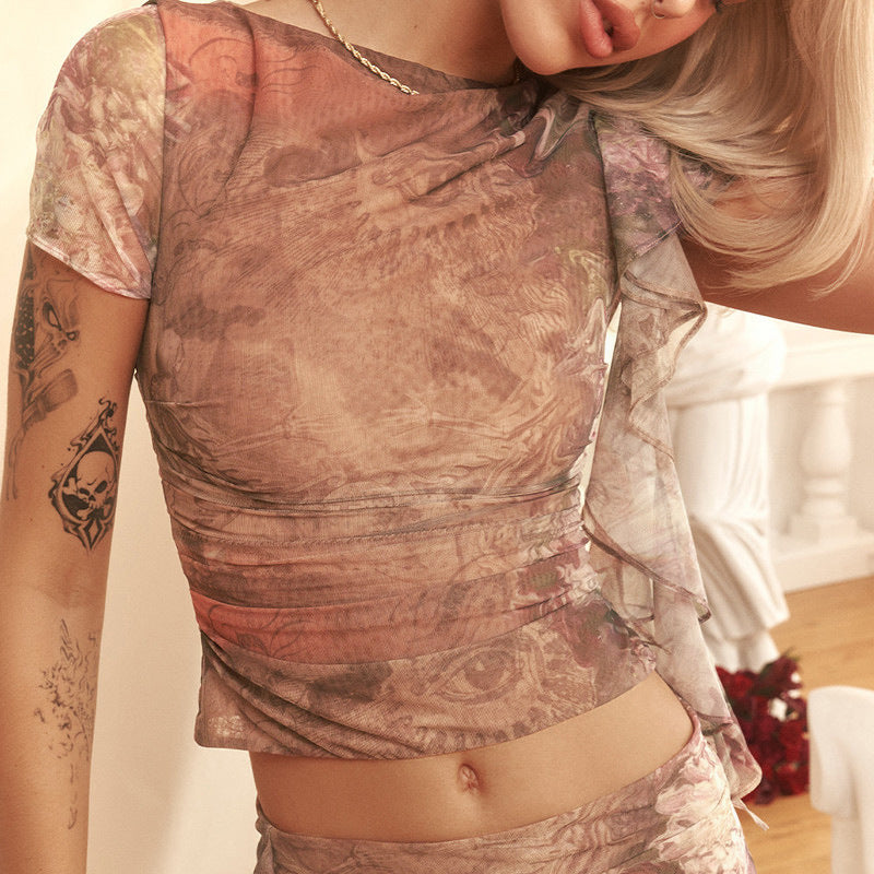 Ruffled Round Neck Printing Short Sleeve