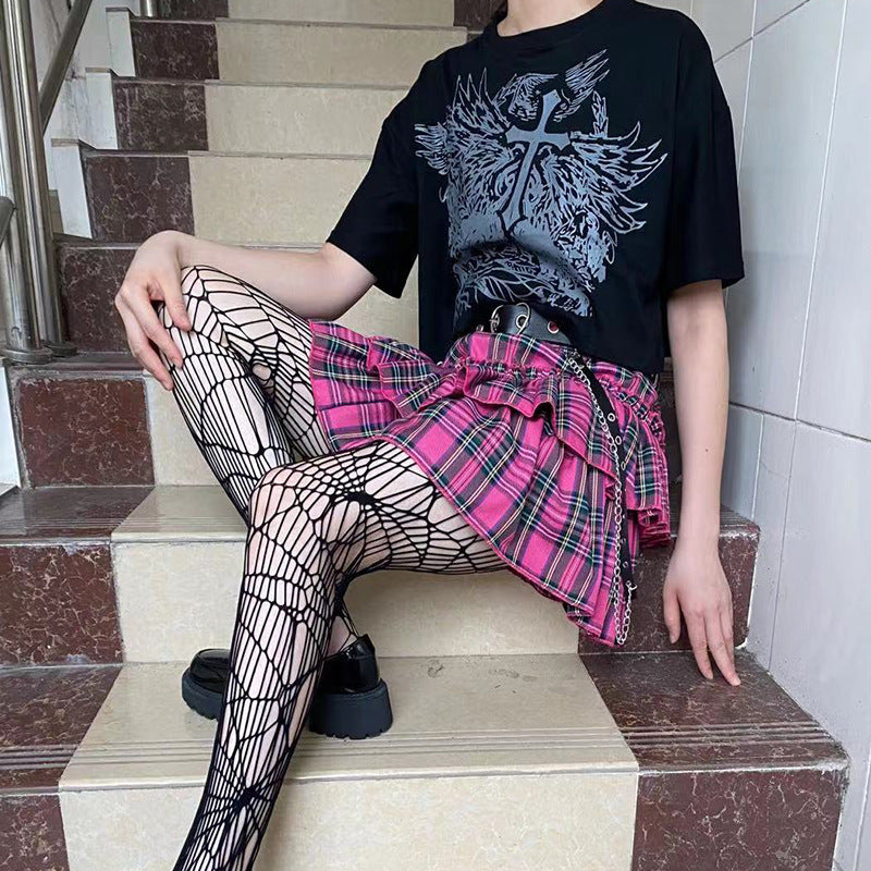 High Waist Fungus Plaid A- Line Half-length Slim-fit Pleated Miniskirt