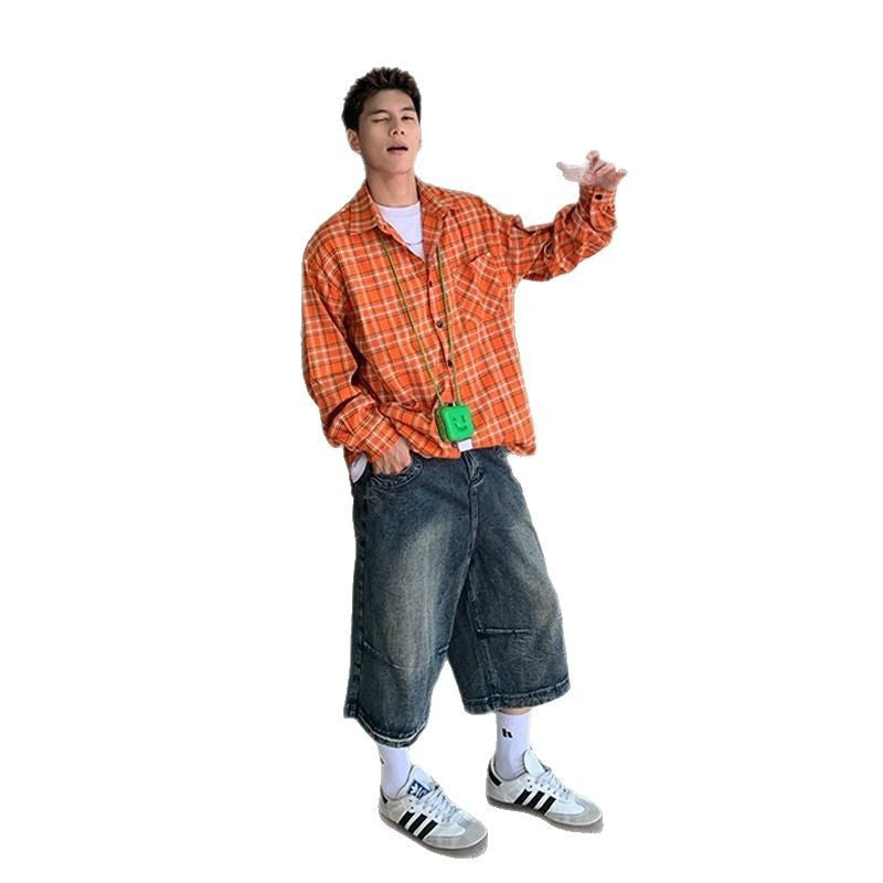 Retro Design Long Sleeve Lining Loose Casual Orange Plaid Shirt Men