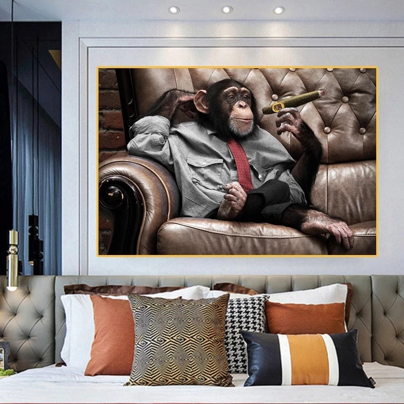 There Is A Canvas Wall Painting Of A Gorilla Monkey On The Sofa