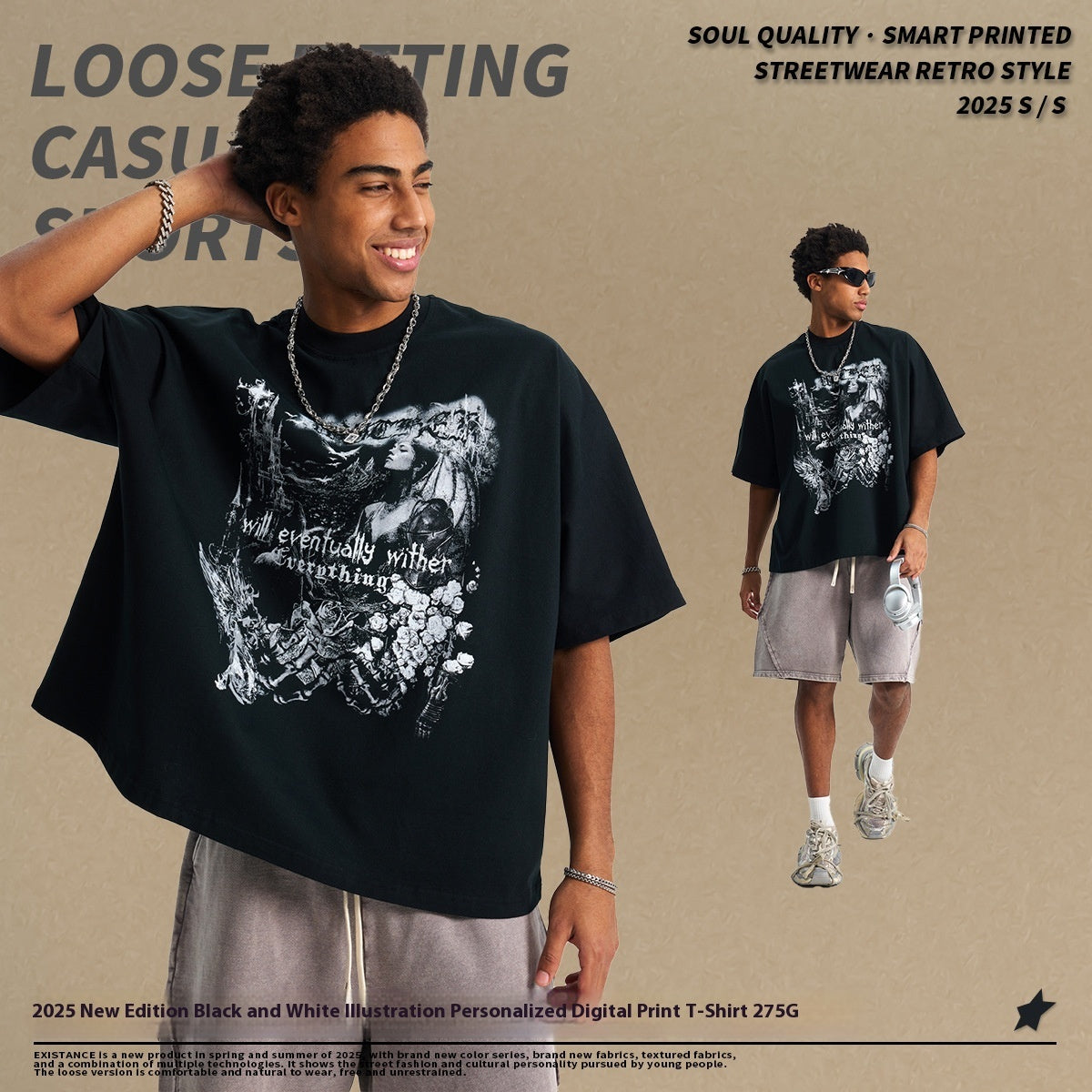 T-shirt imprimé personnalisé avec illustration en noir et blanc pour homme