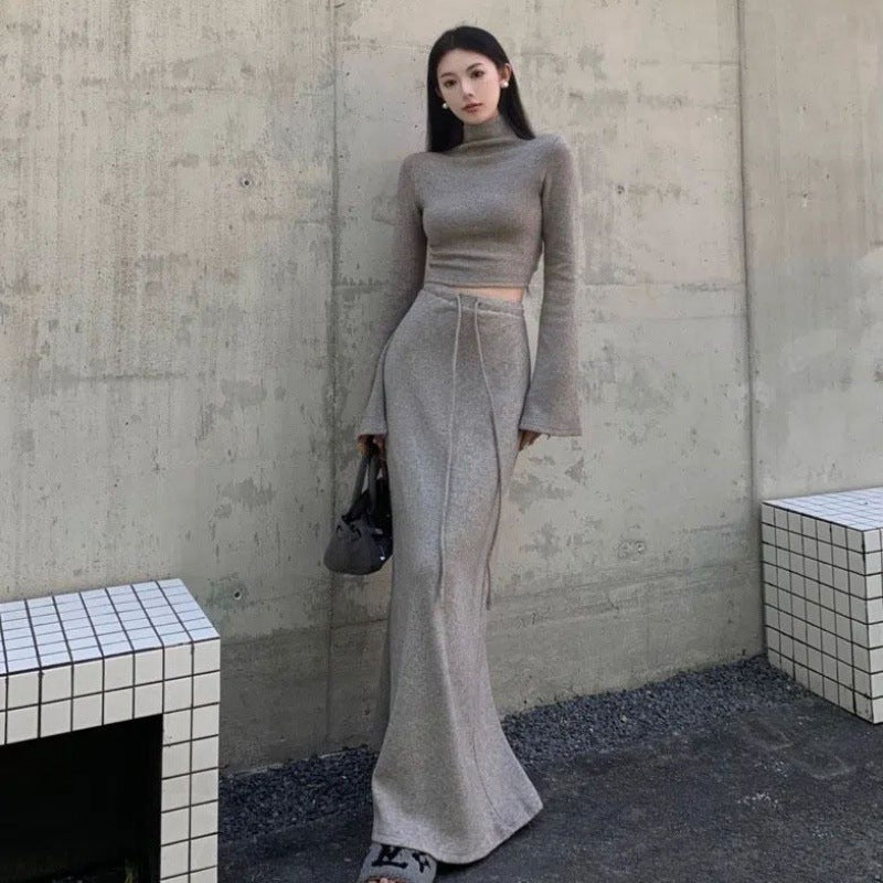 Spring And Autumn New Half Turtleneck Short Top High Waist Sheath Skirt Two-piece Set