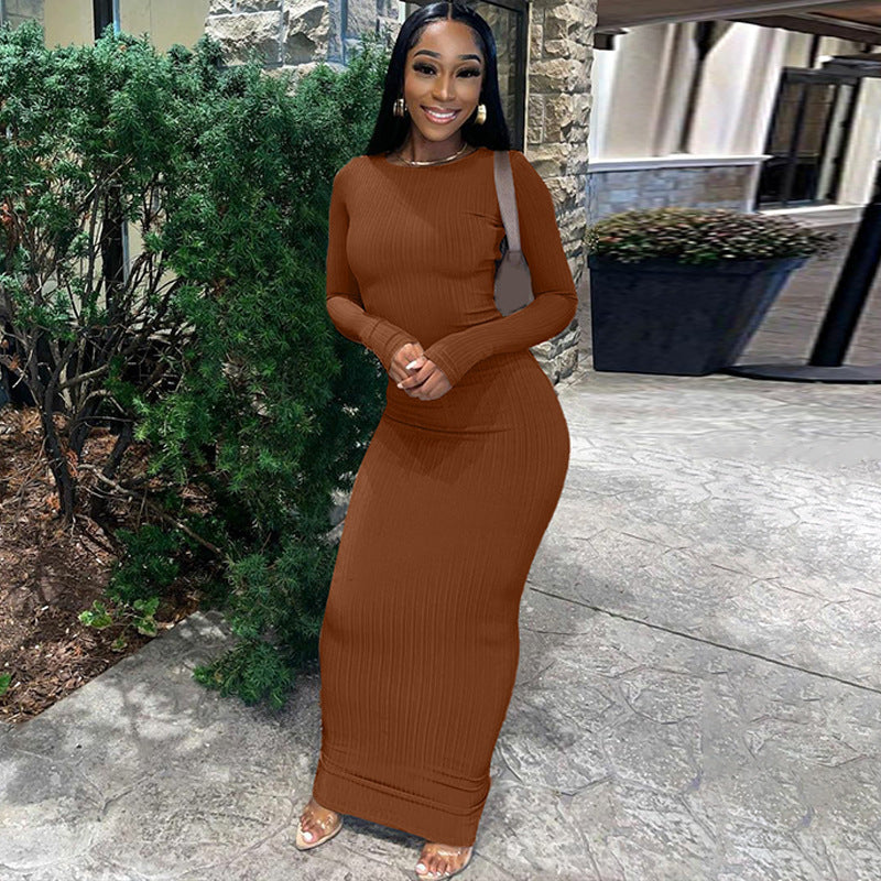 Style Fashion Solid Color Slim Fit Round Neck Long Sleeves Dress