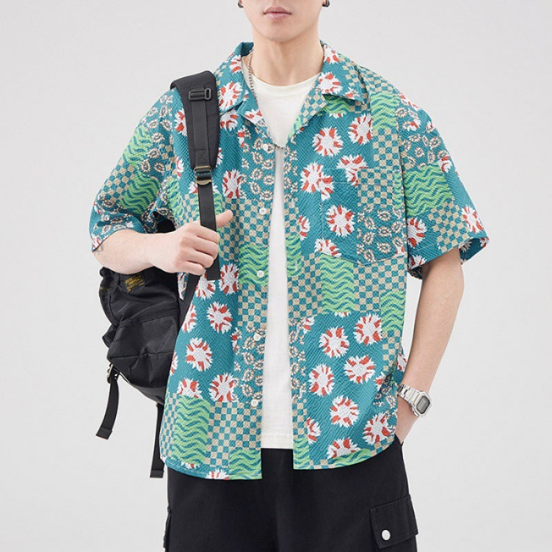 Chemise à manches courtes en seersucker de style hawaïen rétro pour homme