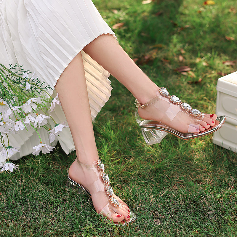 Crystal And Sequins Buckle Strap All-match Chunky Heel Sandals