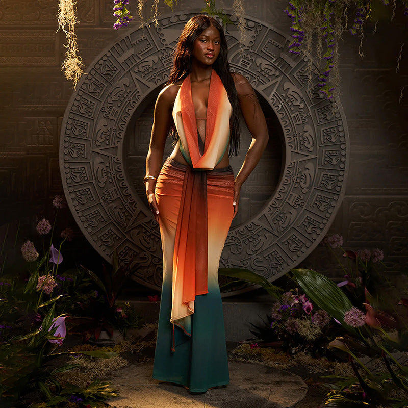 Ensemble deux pièces jupe licou à imprimé floral en maille assortie