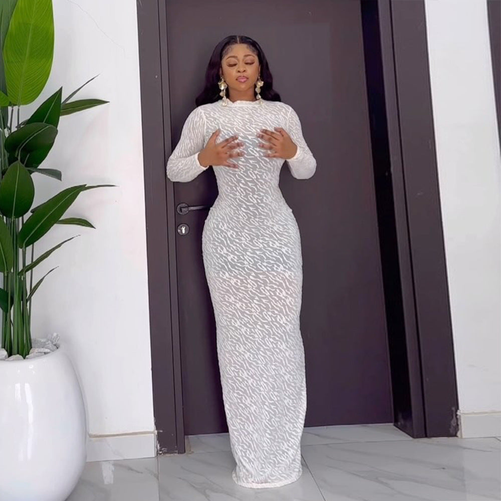 Round Neck Long Sleeve Flocking Slim Fit European And American Style Dress Women