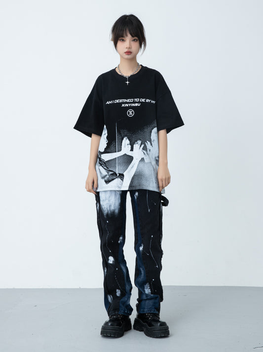 New Letter Portrait Color Reversal Graphic Print T-shirt Men