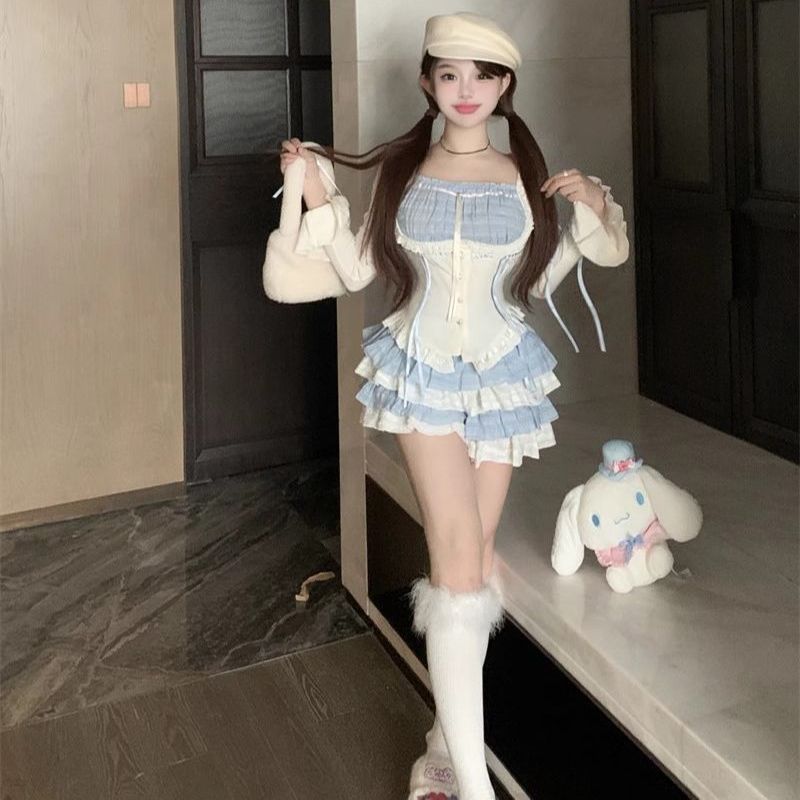 Waist-controlled Top Women's Autumn Tiered Skirt Short Skirt Two-piece Set