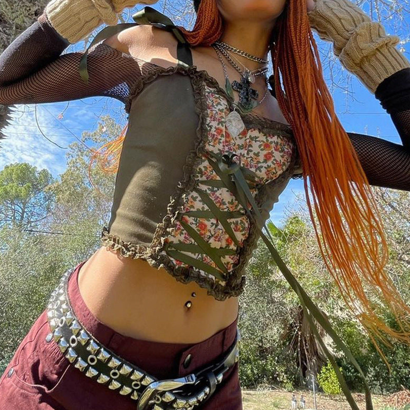 Women's Vintage Print Contrast Slim Fit Lace-Up Tank Top