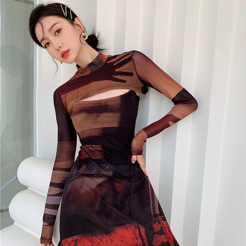 Two-Piece Mesh Long-Sleeved Slim Retro Print Dress