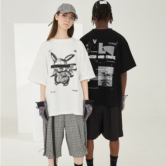 T-shirt à manches courtes en coton tricoté peint à la main pour couple