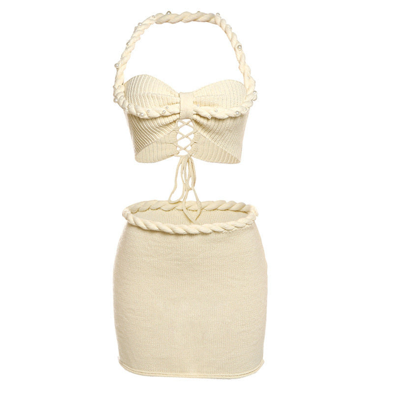 Ensemble jupe slim sexy en tricot avec caraco à lacets et perles