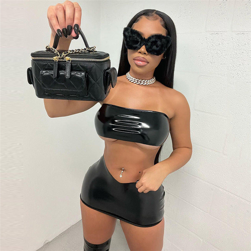 Gilet senza maniche con scollo a V e ombelico in pelle PU per donna