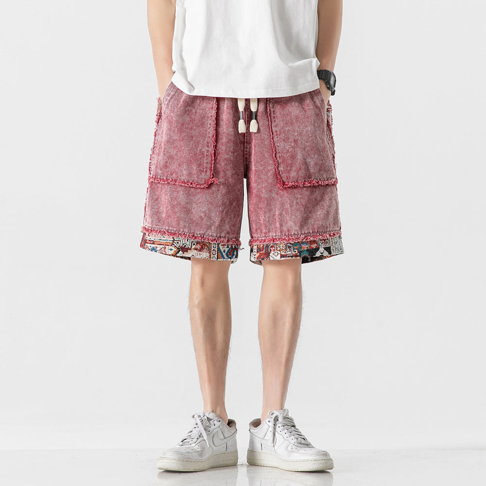 Short en jean à bords bruts et patchwork de couleurs contrastées