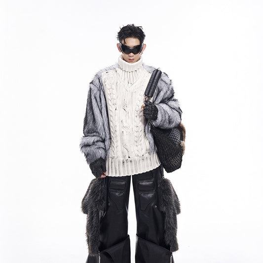 Brushed Lining Thick Fur Patchwork Turtleneck Sweater For Men