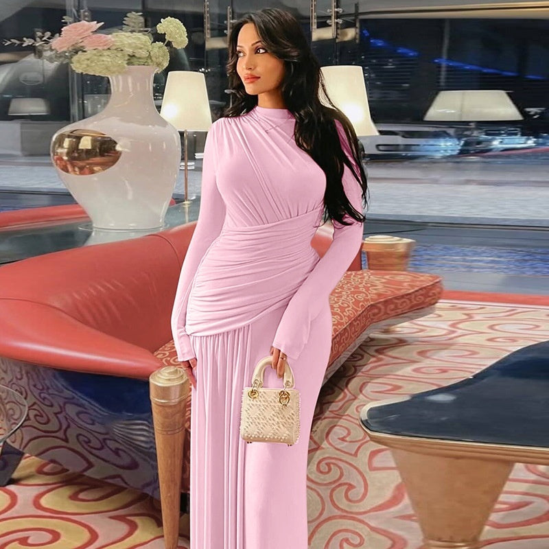 Elegant Slim Pleated Zipper Round-neck Long-sleeved Dress