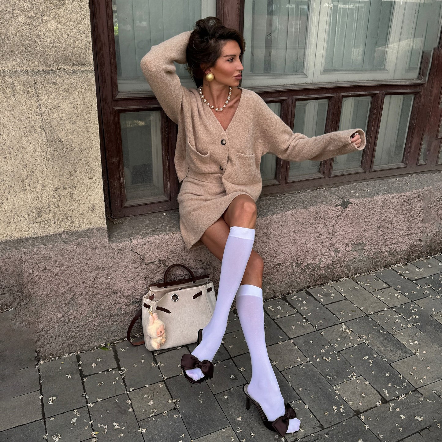 New Woolen Skirt Set V-neck Loose Top Coat Mid-waist A-line Short Skirt Two-piece Set