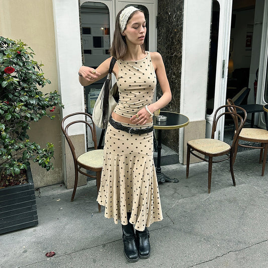 European And American Polka Dot Round Neck Vest Sheath Pleated Dress Suit Women