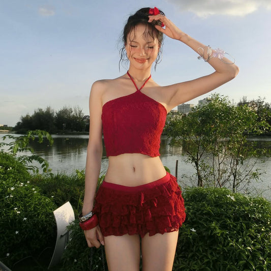 Womens Solid-Color Halterneck Backless Tank Top And Skirt Set