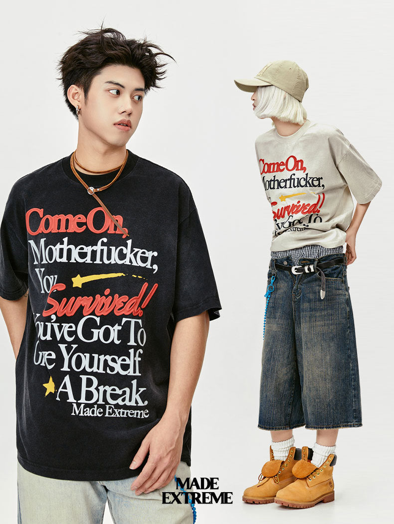 T-shirt rétro à manches courtes imprimé lettres, délavé et vieilli