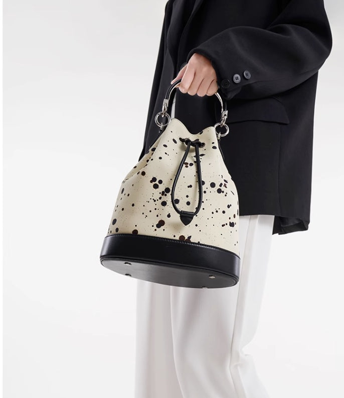 Sac seau à bandoulière en cuir de vache avec couche supérieure, sac à main de grande capacité