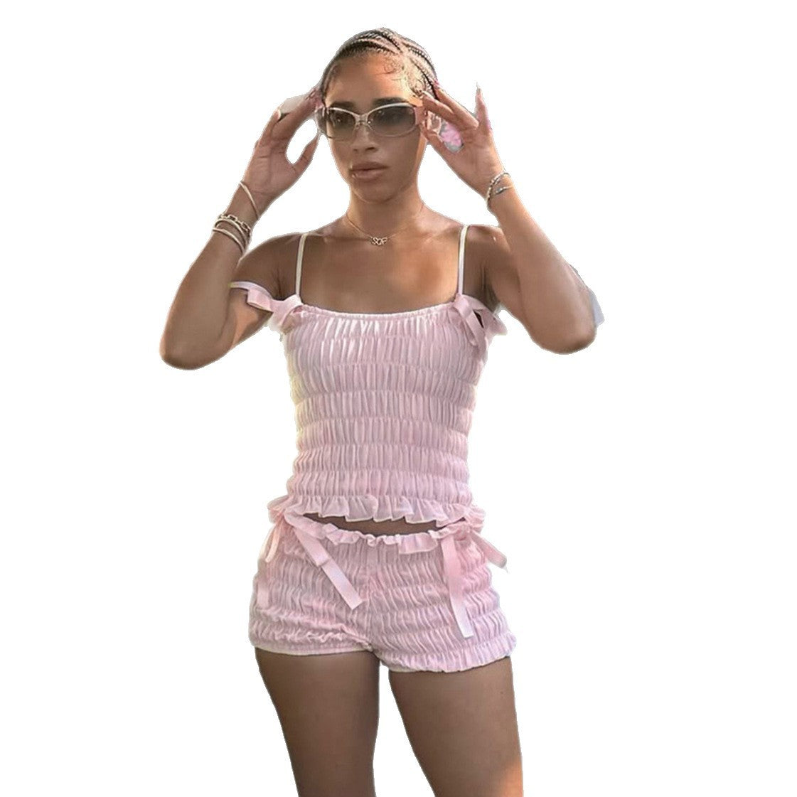 Pantaloncini plissettati con fiocco in pizzo, casual