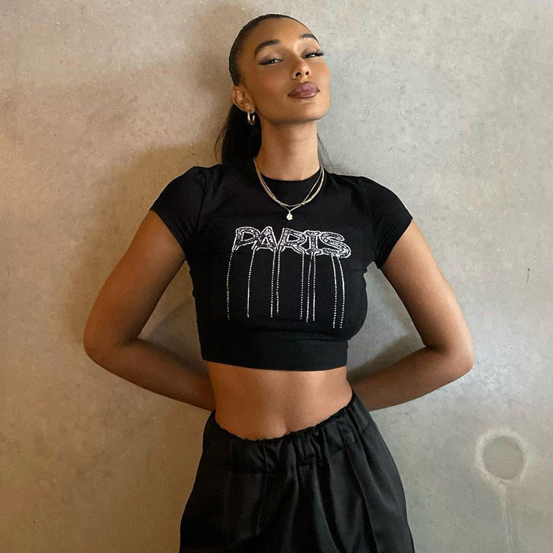 T-shirt à col rond et manches courtes avec inscription « Hot Diamond » pour femme