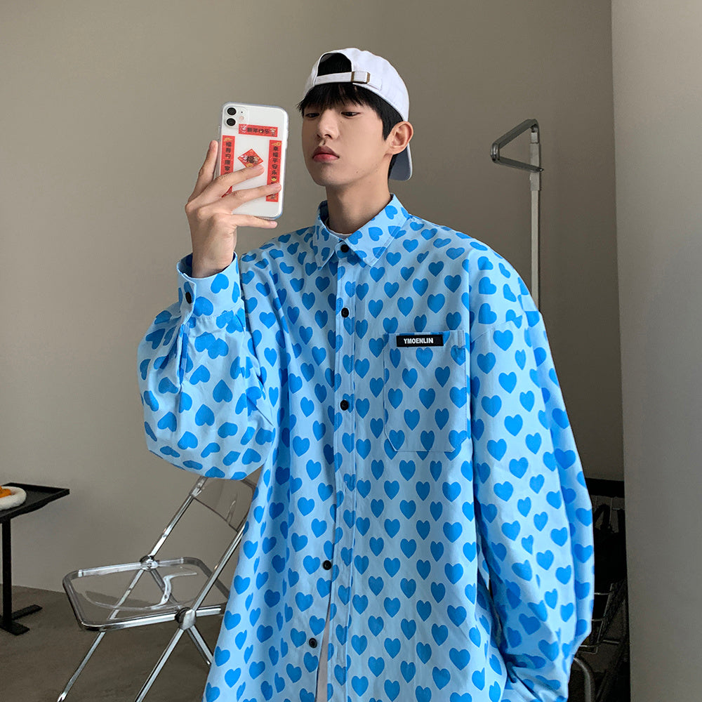 Camicia a maniche lunghe con stampa a cuore, ampia e casual